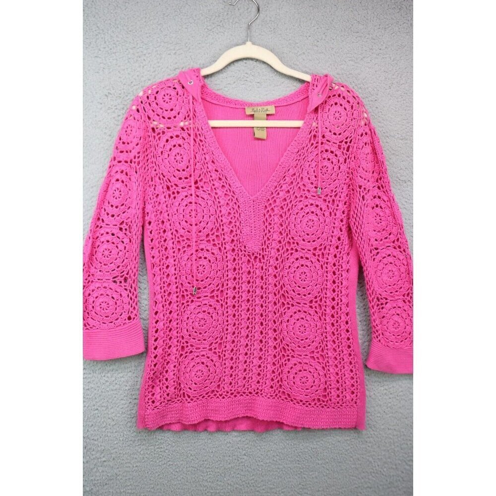 Peck & Peck Weekend Pink Hooded Crochet Pullover Sweater-Size Medium